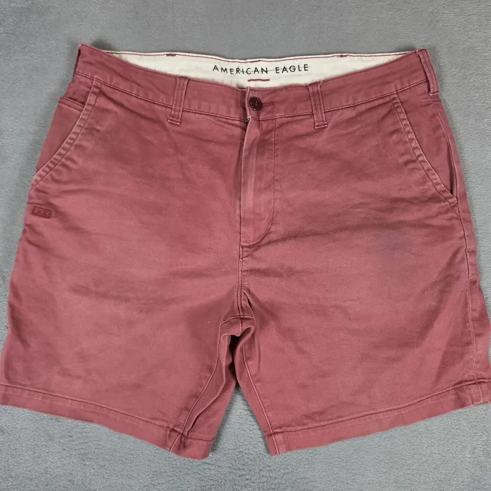 American Eagle Men's Stretch Chino Shorts Size 34 Red Burgundy Casual Cotton Fla